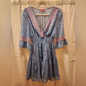 Betsey Johnson Blue and Pink Floral Long Sleeve Girly Tea Party Dress